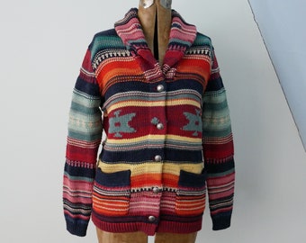Vintage Ralph Lauren Hand knit Sweater Coat Cardigan Shawl Cotton Serape Southwestern Navajo Aztec Fair Isle Native American Indian Blanket