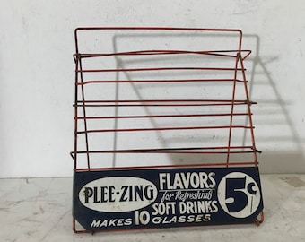 Antique Advertising Display Rack Wire Stand Plee-Zing Soda Metal Sign, Mid Century Pop Soda Beverage