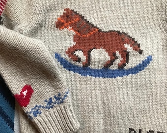 Vintage Ralph Lauren Hand knit Sweater Needlepoint Horse Sweater Child Americana, Equestrian