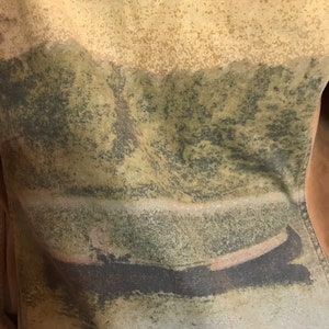 May include: A close-up of a brown, green, and beige fabric with a faded image of a boat on a lake. The fabric has a textured, speckled appearance.