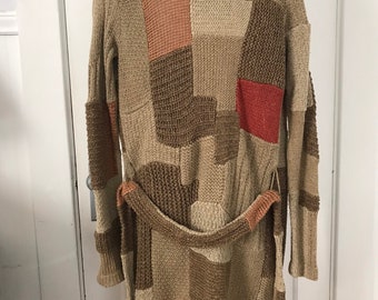 Vintage Ralph Lauren Sweater Hand knit Patchwork Cardigan Western Buro Silk Linen