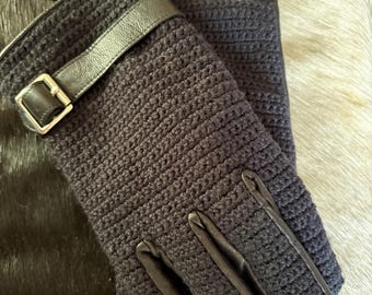 Vintage Ralph Lauren Hand Knit Gloves Wool Leather Winter