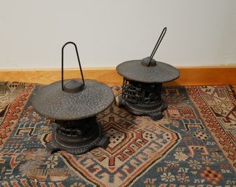 PAIR Antique Japanese Lanterns Cast Iron Garden Lighting Metal Mesh Rustic