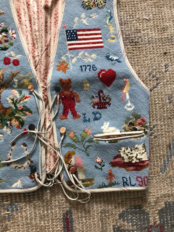 希少 90s POLO RalphLauren duck work vest Vintage Ralph Lauren Vest Needlepoint Vest Sampler Americana