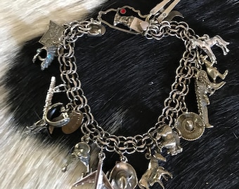 Vintage Sterling Silver Western Charm Bracelet Rodeo Souvenir Equestrian