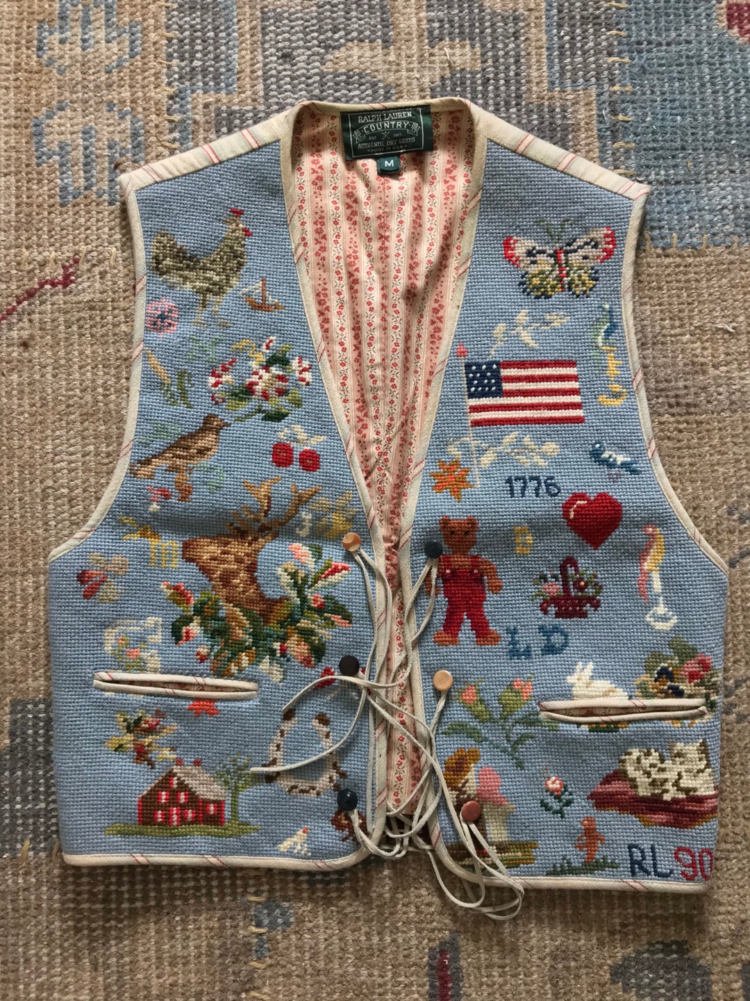 Vintage Ralph Lauren Vest Needlepoint Vest Sampler Americana Berlin