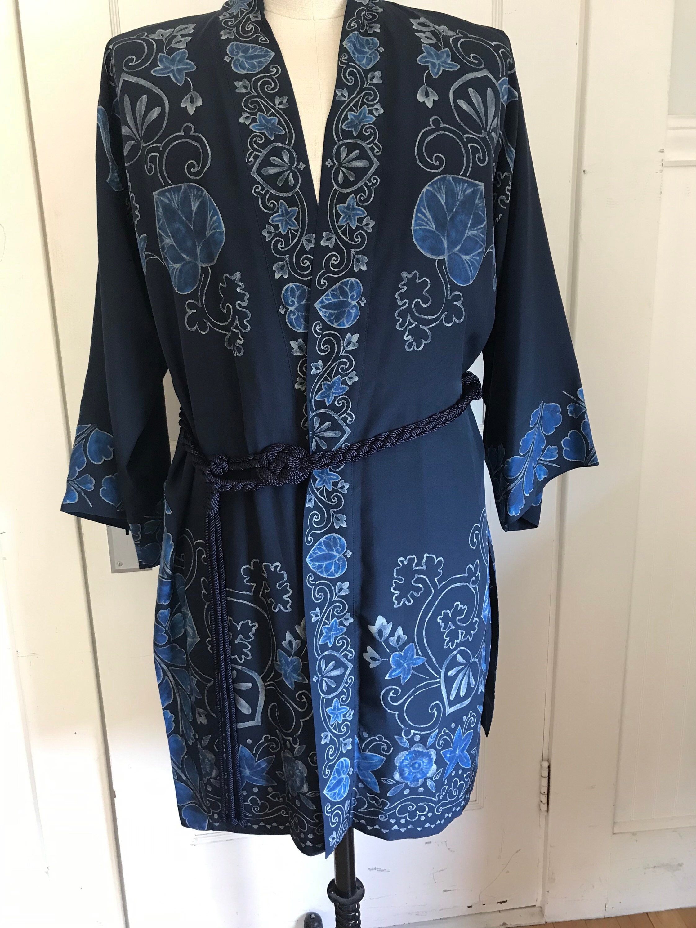Vintage Ralph Lauren Silk Kimono Blue Batik Size M Silk Robe Etsy
