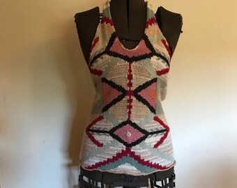 Suéter vintage Ralph Lauren tejido a mano, estilo indio, con cuello halter, de lino, algodón y seda, estilo tribal nativo americano.