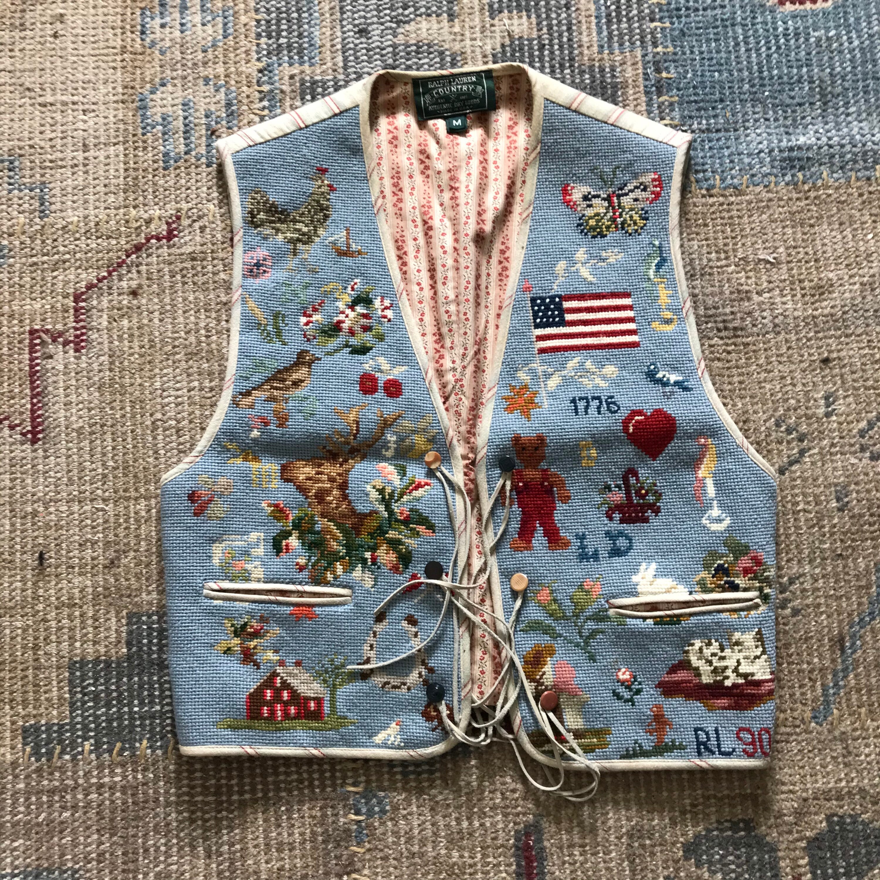 Vintage Ralph Lauren Vest Needlepoint Vest Sampler Americana