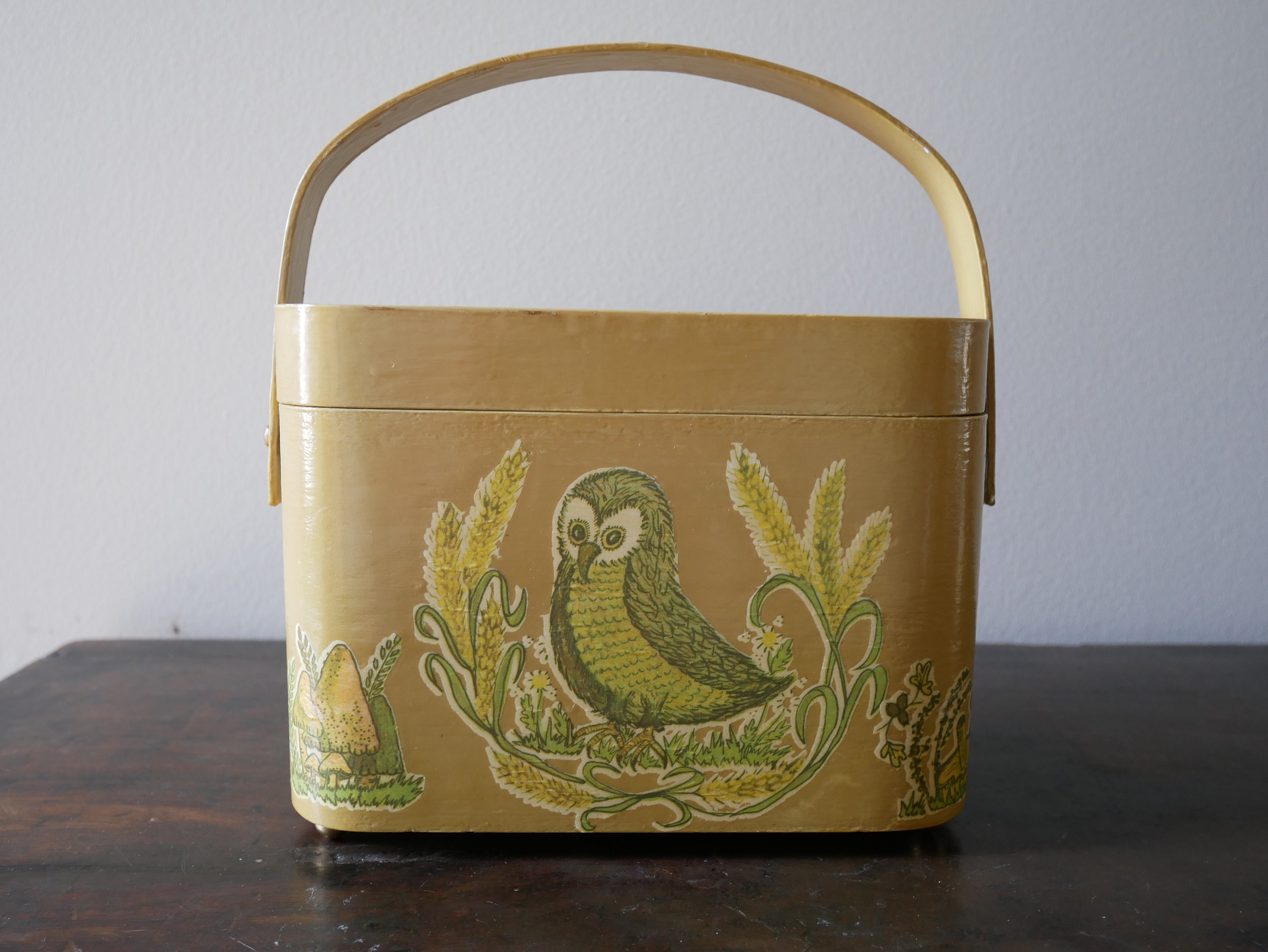 Vintage Basket Purse Decoupage Owl Wooden Purse Swing Handle Mid-century Whimsical Fairy Tale, Mushr