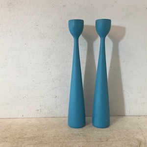 Antique Danish Candlesticks Painted Wood Blue Sculptural