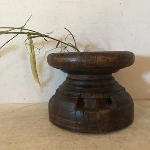 Antique Wood Mortar Carved Architectural Primitive Wood Grinder Garden Candleholder