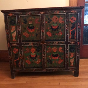 Antique Tibetan Chest Cabinet Furniture Tribal Polychrome Primitive Wood Floral Symbols