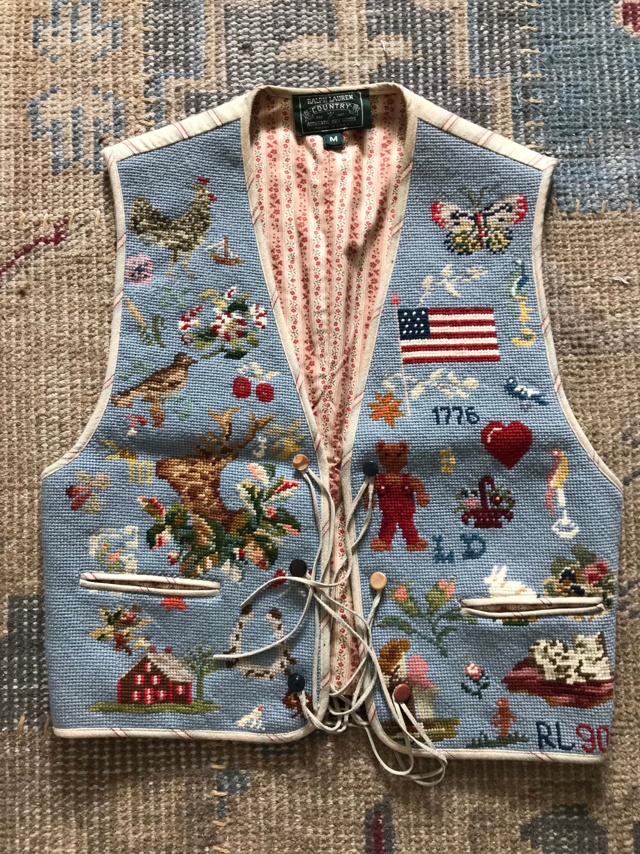 希少 90s POLO RalphLauren duck work vest Vintage Ralph Lauren Vest Needlepoint Vest Sampler Americana