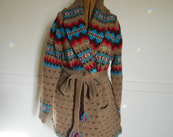 Vintage Ralph Lauren Hand knit Sweater NO BELT Coat Cardigan Shawl Wool Prairie Fair Isle Rancher Southwest Indian Blanket