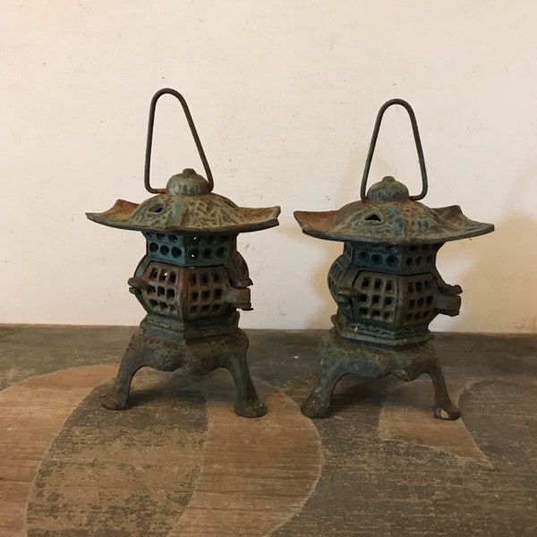 Antique Japanese Lanterns Cast Iron Garden Lighting Metal Mesh Rustic