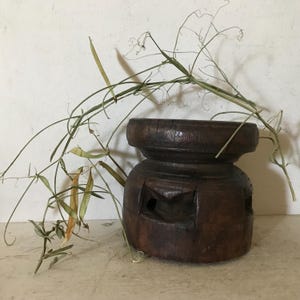 Antique Wood Mortar Carved Architectural Primitive Wood Grinder Garden Candleholder