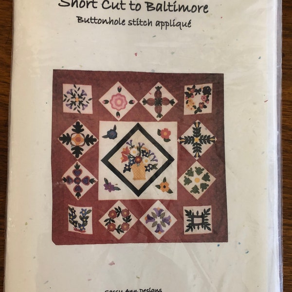 Short Cut to Baltimore Quilt Pattern for Buttonhole Stitch Applique- 12 Smaller Blocks - 1 Large Center Block- Fun Flowers!