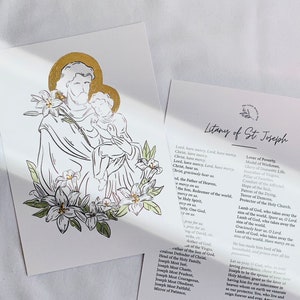 5 x 7 inch goudfolie litanie van St. Joseph gebedskaart, print, met de hand verfraaid, minimalistisch, elegant, woondecoratie