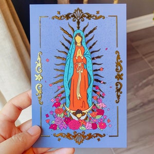 4 "x 6" goud reliëffolie, glanzend, onze-lieve-vrouw van Guadalupe gebedskaart, bloemen, glanzend, print, levendig, elegant, woondecoratie