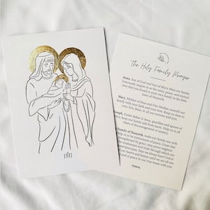 Carte de prière de la Sainte Famille en feuille d'or, impression, décorée à la main, minimaliste, élégante, décoration d'intérieur