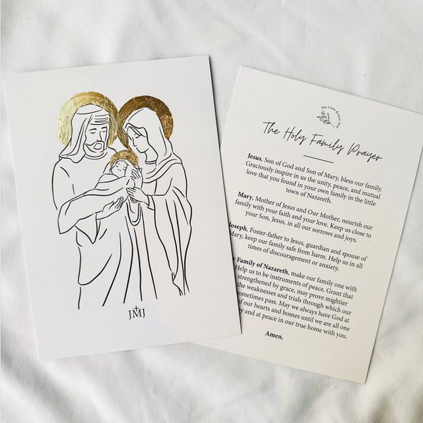 5"x7" Gold Foil Holy Family Prayer Card, Print, Hand Embellished, Minimalist, Elegant, Home Decor