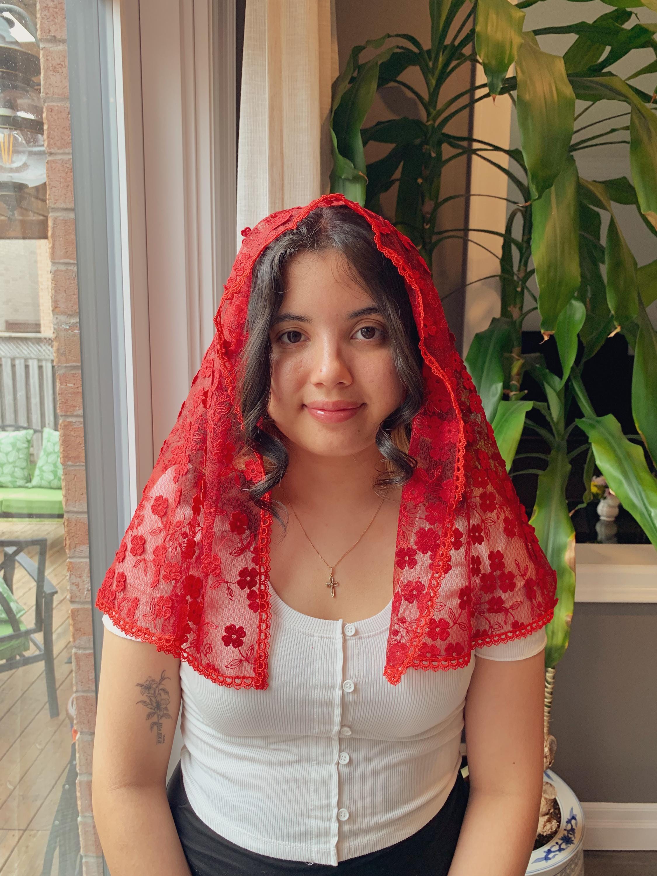 Heavenly Fire Veil Catholic Veil for Mass, Prayer, Chapel Veil, Lace, 3D Floral, Red, Long, Embroidered