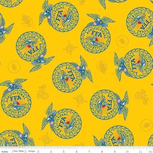 May include: Yellow fabric with a repeating pattern of FFA emblems featuring eagles, text, and a circular design. The emblems are blue, red, and yellow. The background is a solid yellow color.