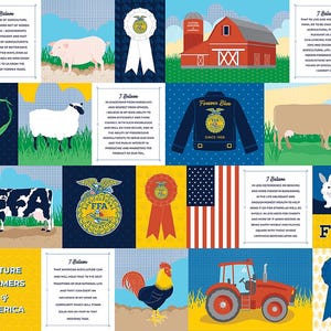 May include: A colorful collage featuring images related to agriculture and the Future Farmers of America (FFA). Includes a red barn, a tractor, a rooster, a cow, a pig, a sheep, a rabbit, and a blue FFA jacket. Text includes "I Believe" statements.