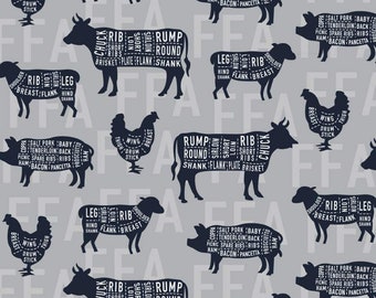 Cortes de carne FFA en gris - FFA Forever Blue - Diseños de Riley Blake - Tela 100 % algodón cortada a medida
