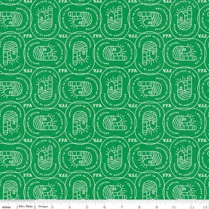 May include: Green fabric with a repeating pattern of white FFA (Future Farmers of America) logos. Each logo features a stylized farm scene and the text "I Believe in the Future of Agriculture."