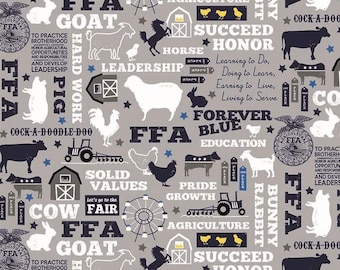 Diseño FFA Forever Blue sobre gris - FFA Forever Blue - Diseños de Riley Blake - Tela 100 % algodón cortada a medida