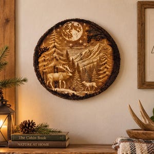 May include: A circular wooden wall plaque featuring a detailed wood-burned landscape scene of a stag and a smaller animal in a forest with mountains, a full moon, and stars. The plaque has a natural, dark, rough bark edge around its circumference.