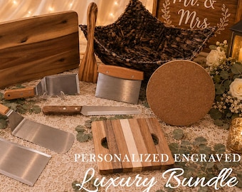 Personalized Wedding Gift Collection | Custom Engraved Bread Board, Trivet, Baker Set & Spatulas | Bridal Shower Gift Basket | Keepsake