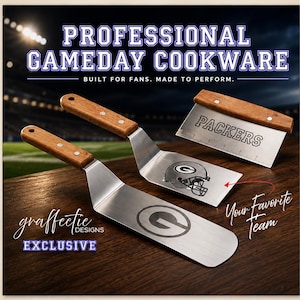 May include: Two stainless steel spatulas and a metal bench scraper with wooden handles. The spatulas feature a Green Bay Packers helmet and a G logo. The scraper is engraved with the word PACKERS. Text includes PROFESSIONAL GAMEDAY COOKWARE.