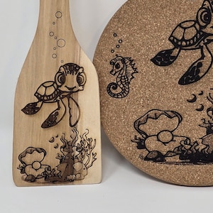 Sea Turtle Pyrography Bamboo Spatula and Cork Trivet Set