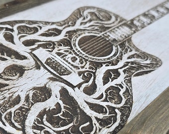 Rustic Guitar Wall Art, Wood Burned Music Decor, Acoustic Guitar Artwork, Music Lover Gift, Nature Inspired Wood Art