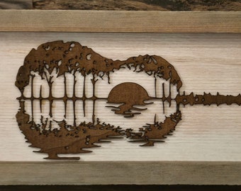 Guitar Sunset Wall Art, Rustic Music Decor, Layered Wood Guitar Silhouette, Music Lover Gift, Acoustic Guitar Artwork