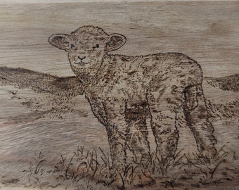 Baby Lamb in Field, Lifetime Art Warranty, Acacia Cheese Serving Board & Knife Set. Custom Hand Made Pyrography Art