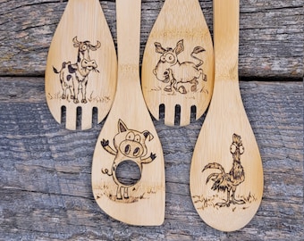 Funny Farm Animal Bamboo Spoons: Pyrography Art Utensil