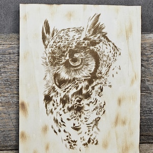 Silent Guardian: Handcrafted Great Horned Owl Pyrography Art - Handcrafted Pyrography on Natural Wood