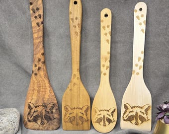 Raccoon Engraved Wood Serving Utensil: Laser Pyrography Art