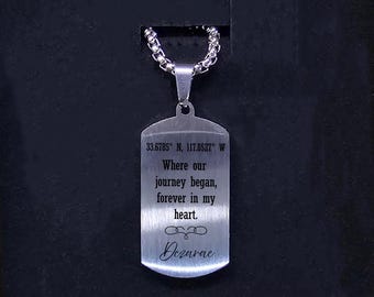 Custom Engraved Necklace, Personalized Coordinates Necklace, Anniversary Gift for Him, Latitude Longitude Keepsake, Dog Tag Necklace