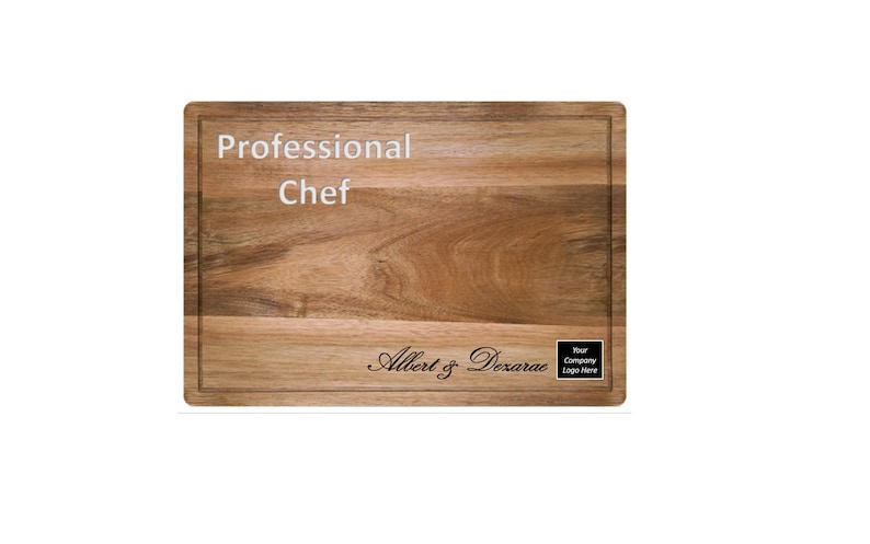 May include: A wooden cutting board with the text "Professional Chef" and "Albert & Dexarae" engraved on it. The board also has a space for a company logo.