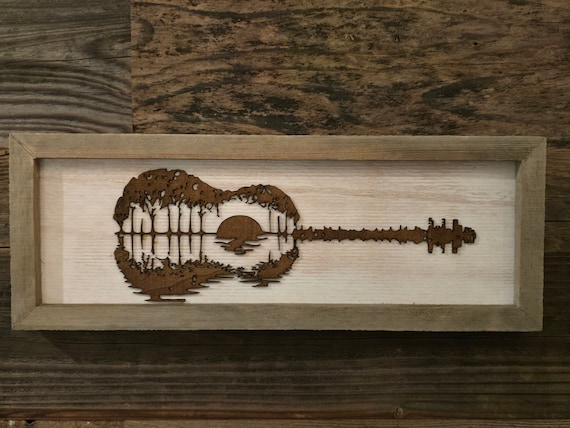 Guitar Sunset Pyrography Art: Exotic Wood Laser Cut Silhouette