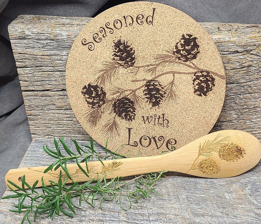Woodland Pinecones, Custom Pyrography Kitchen Set, Trivet and Cooking ...