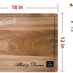 May include: A rectangular acacia wood cutting board with a natural wood grain finish. The board measures 18 inches by 12 inches and has a personalized inscription that reads "Albert & Dexarae".