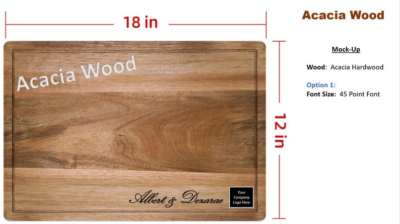 May include: A rectangular acacia wood cutting board with a natural wood grain finish. The board measures 18 inches by 12 inches and has a personalized inscription that reads "Albert & Dexarae".