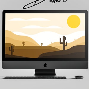 May include: A desktop computer displaying a minimalist desert landscape wallpaper with a yellow sun, white clouds, and brown hills. The text "Desert" is written in a cursive font above the computer screen. The text "Desktop Wallpaper" is written vertically on the right side of the screen. The text "Download Now" is written in a red box below the computer screen.