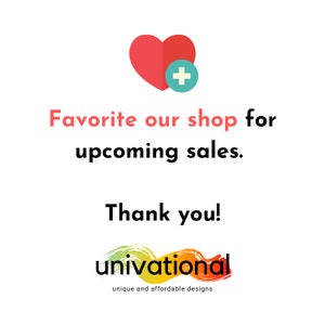 K&ouml;nnte beinhalten: Ein rotes Herz mit einem Pluszeichen darin, mit dem Text "Favorite our shop for upcoming sales. Thank you! univational unique and affordable designs"